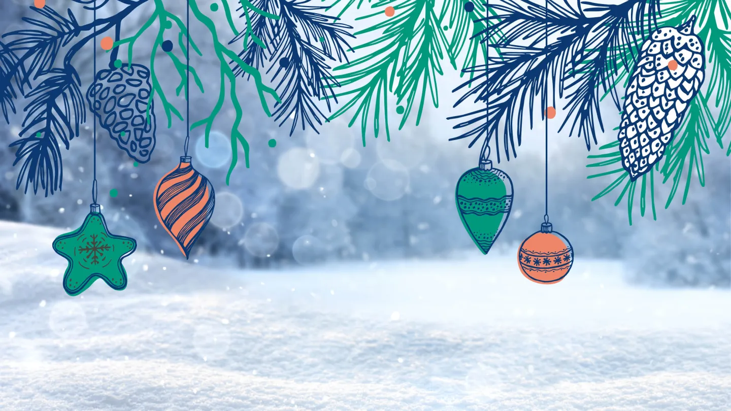 Illustration mit Weihnachtskugeln in Schneelandschaft