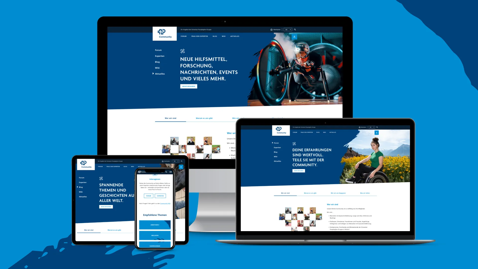 Page d'accueil de la communauté en ligne du Groupe suisse pour paraplégiques sur différents appareils