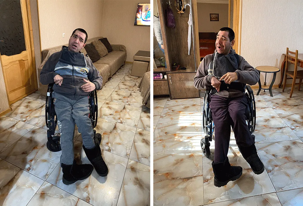 Vorher: Dato liegt und bewegt sich nicht fort im Rollstuhl. Nachher: Er sitzt aufrechter und kann endlich wieder fahren. 