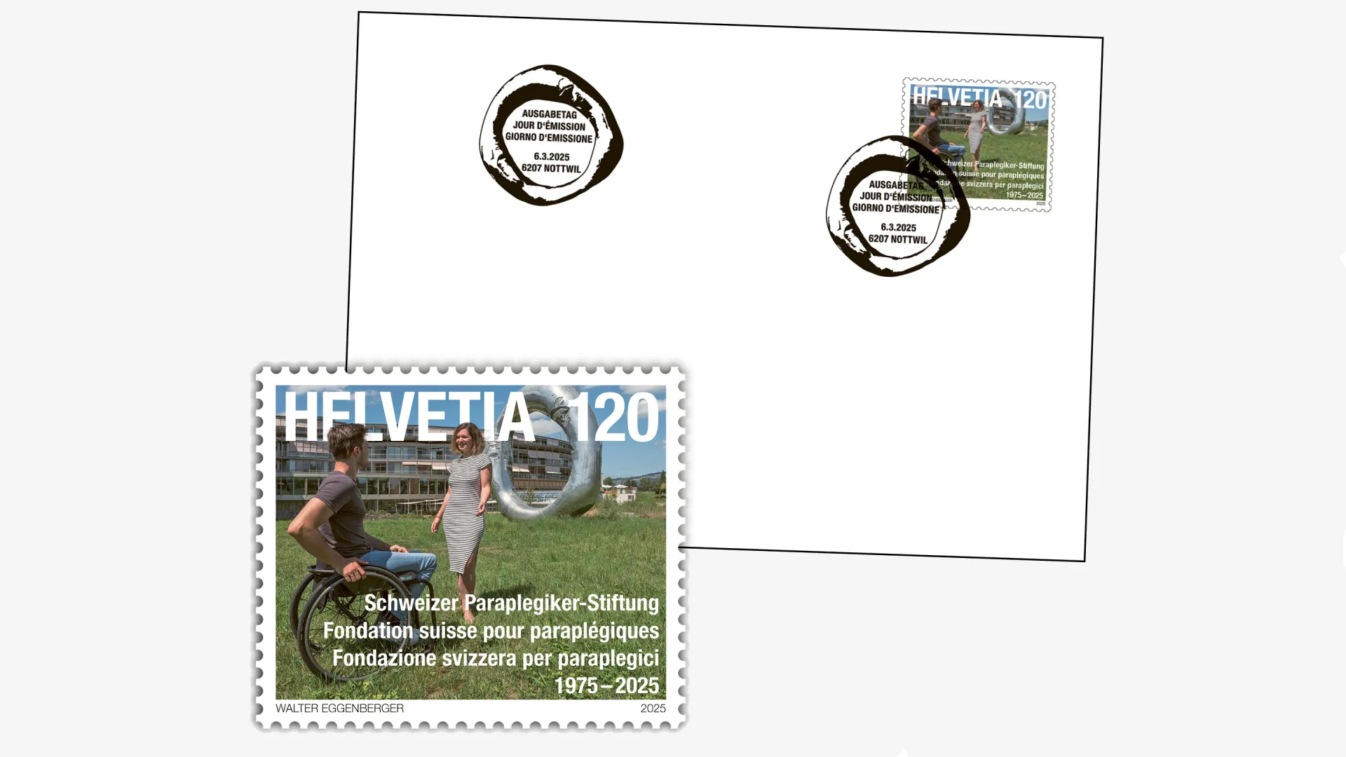 Die Sonderbriefmarke der Schweizer Paraplegiker-Stiftung mit Couvert.