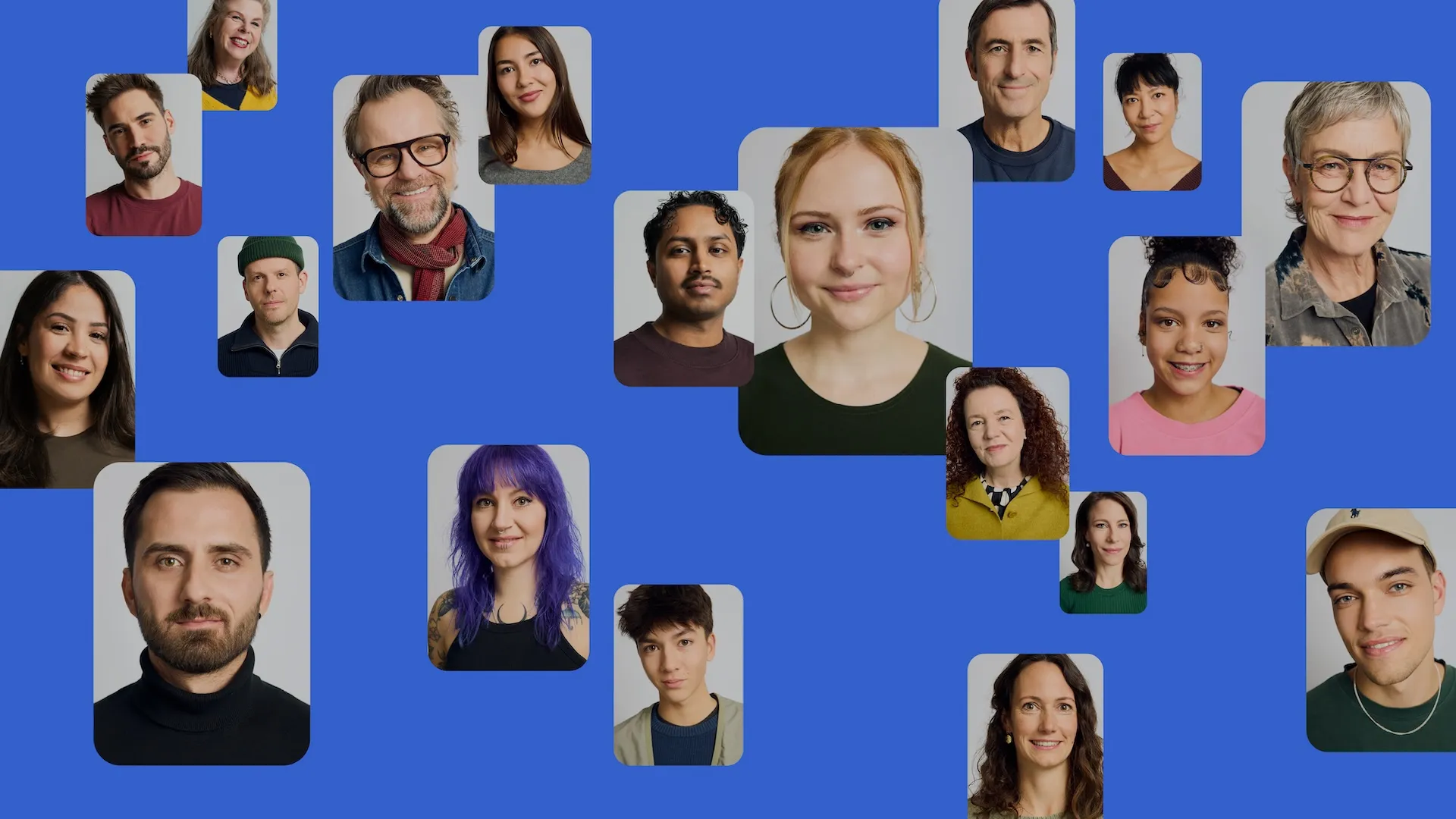 Portraitfotos von diversen Mitgliedern der Schweizer Paraplegiker-Stiftung auf blauem Hintergrund.