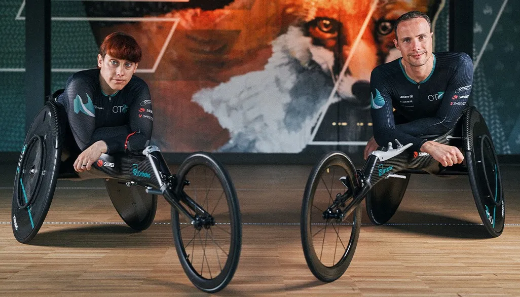 Orthotecsports Sportler Patricia Eachus und Marcel Hug im Rennrollstuhl